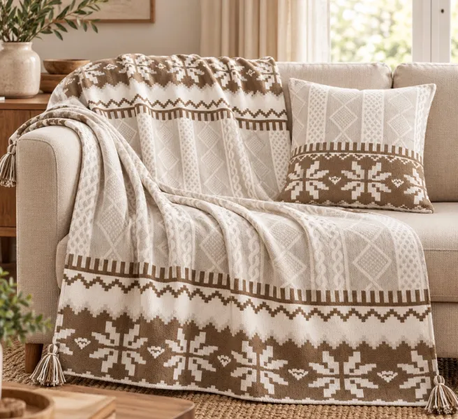 Brown Cotton Polyester Throw Blanket with Cushion Cover Set – 50 × 60 Inches Throw & 18 × 18 Inches Cushion Cover